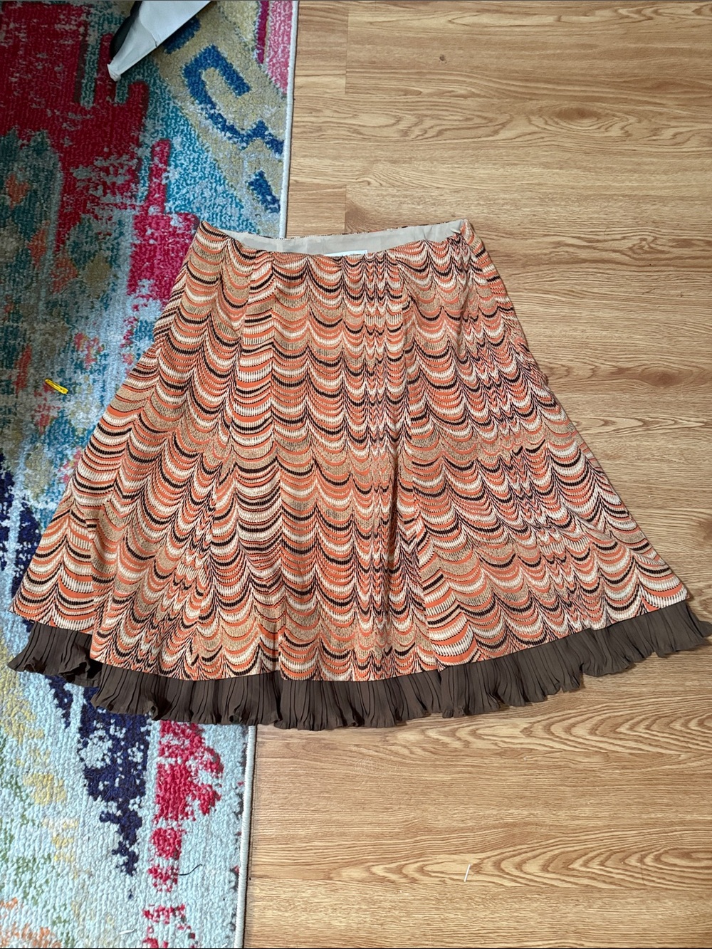 Women's Orange Patterned Circle Skirt with Brown Ruffle Trim